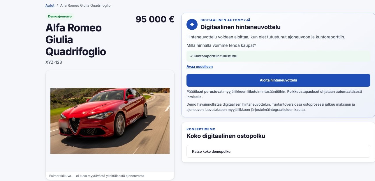 Kopilotti Salesin digitaalisen hintaneuvottelun käyttöliittymä esimerkkiajoneuvolla verkkosivustolla